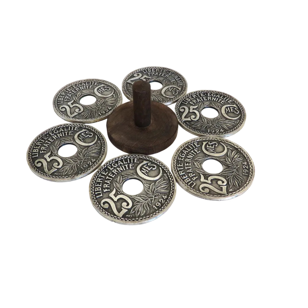 Vintage French 25 Centimes Coin-Design Coasters with Wooden Stand – Set of Six - Vintage French Treasures