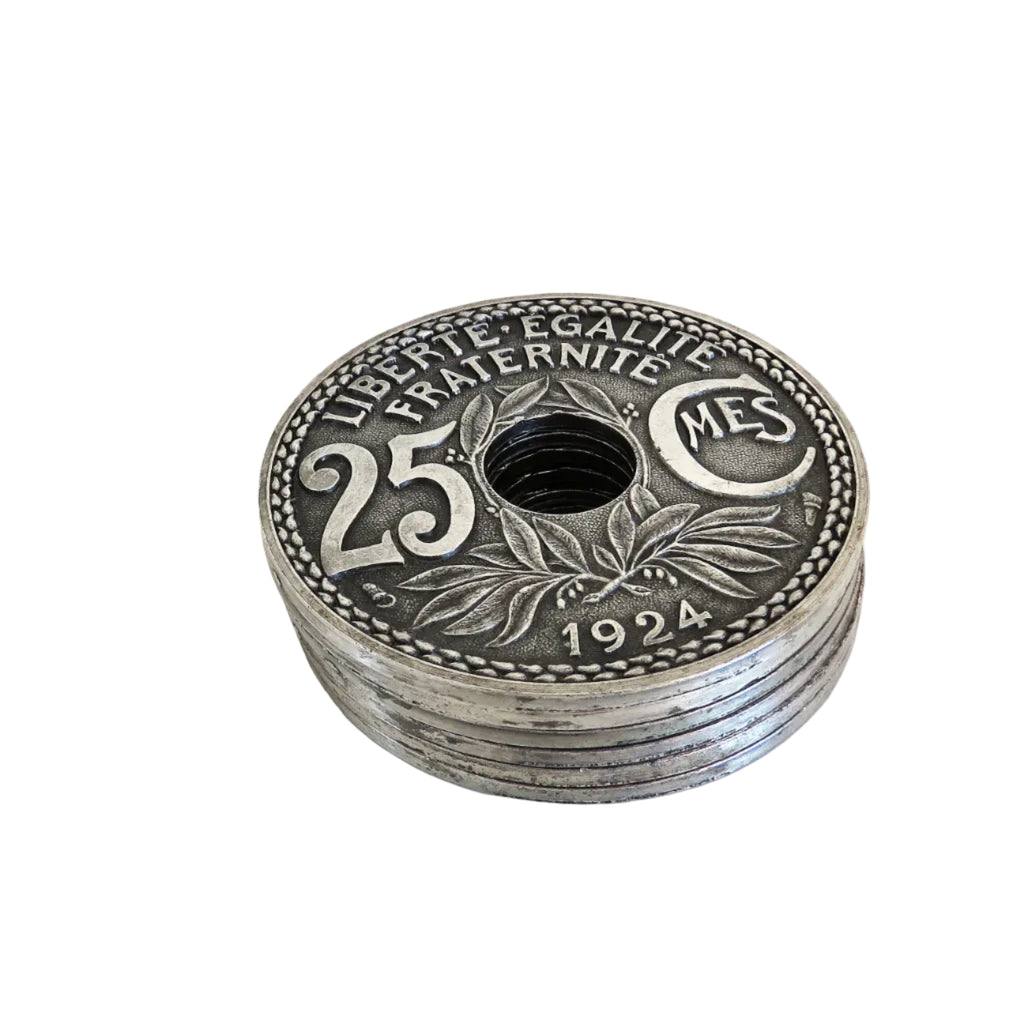 Vintage French 25 Centimes Coin-Design Coasters with Wooden Stand – Set of Six - Vintage French Treasures
