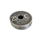 Vintage French 25 Centimes Coin-Design Coasters with Wooden Stand – Set of Six - Vintage French Treasures
