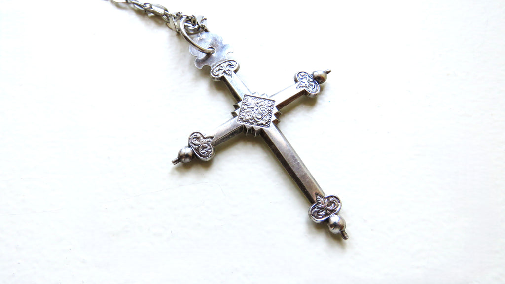 Antique French Silver Jeannette Cross, 54" Hallmarked Chased Silver Chain, 19th Century Religious Jewellery