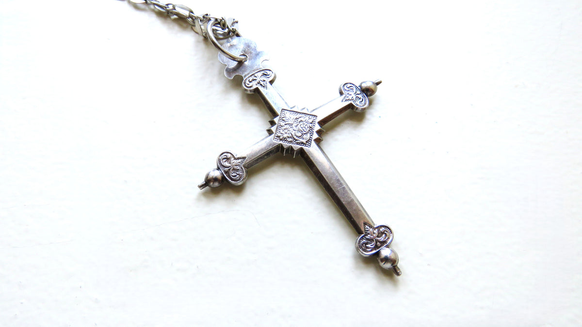 Antique French Silver Jeannette Cross, 54" Hallmarked Chased Silver Chain, 19th Century Religious Jewellery