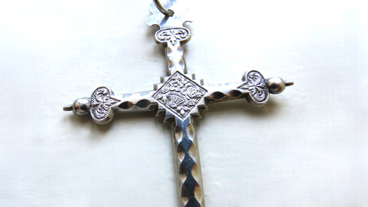 Antique French Silver Jeannette Cross, 54" Hallmarked Chased Silver Chain, 19th Century Religious Jewellery