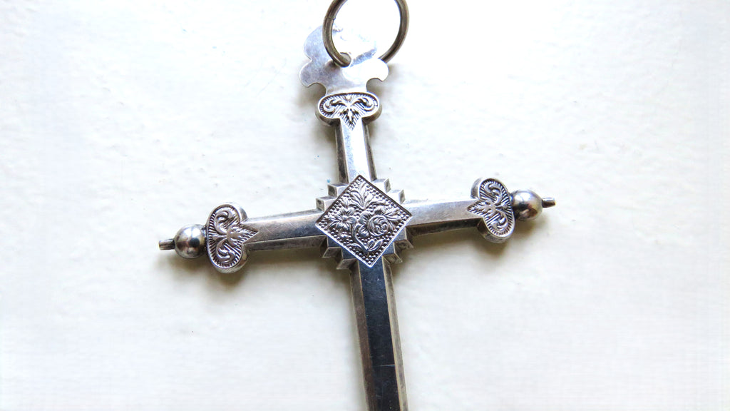 Antique French Silver Jeannette Cross, 54" Hallmarked Chased Silver Chain, 19th Century Religious Jewellery