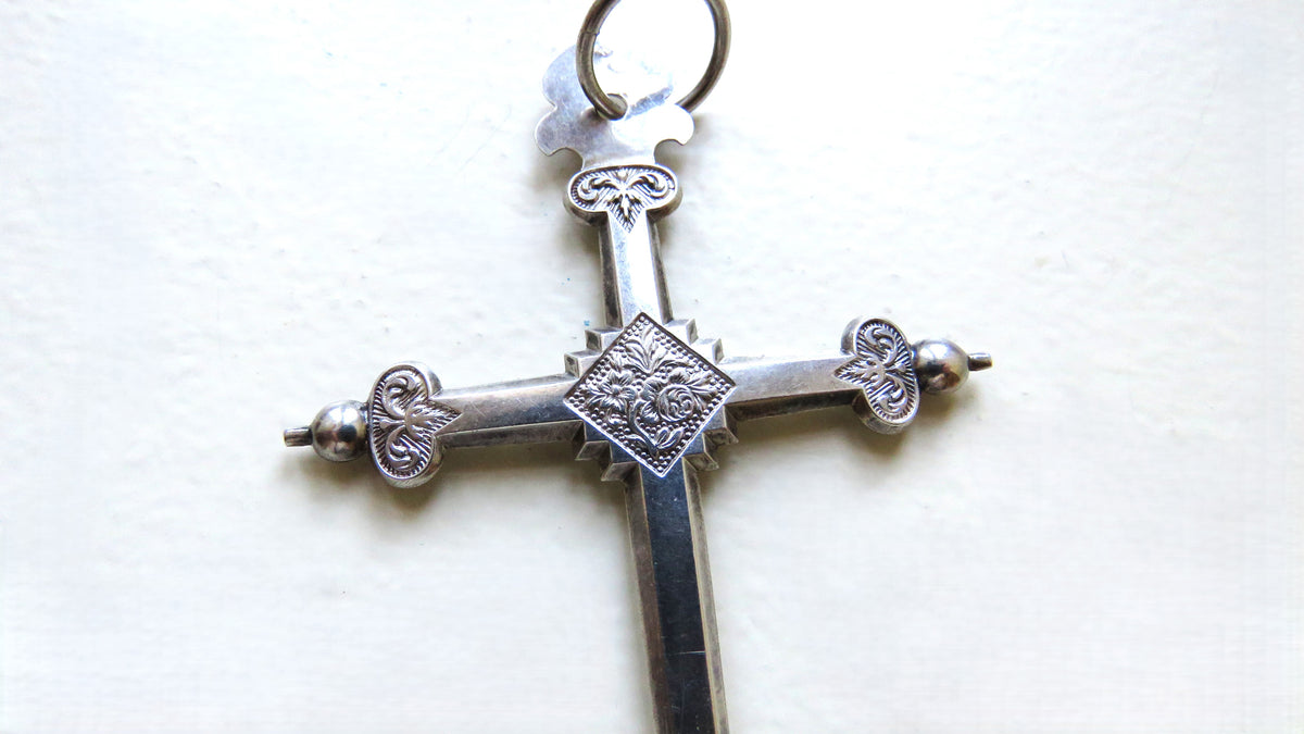 Antique French Silver Jeannette Cross, 54" Hallmarked Chased Silver Chain, 19th Century Religious Jewellery