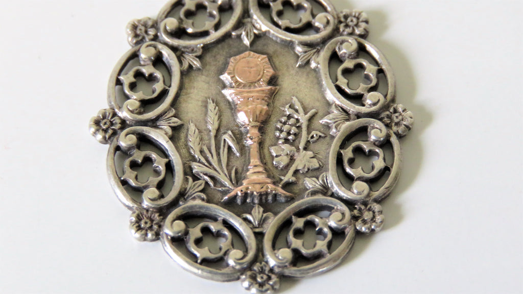 Antique French Silver and Gold First Communion Medal, Eucharistic Chalice Pendant, Ornate Religious Jewellery - Vintage French Treasures