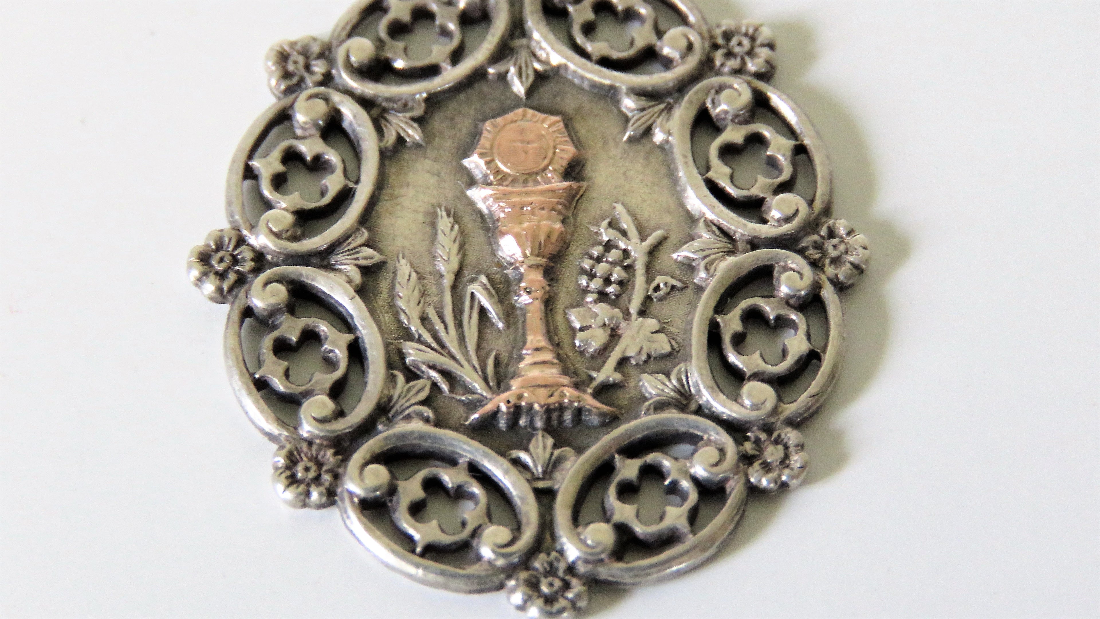 Antique French Silver and Gold First Communion Medal, Eucharistic Chalice Pendant, Ornate Religious Jewellery - Vintage French Treasures