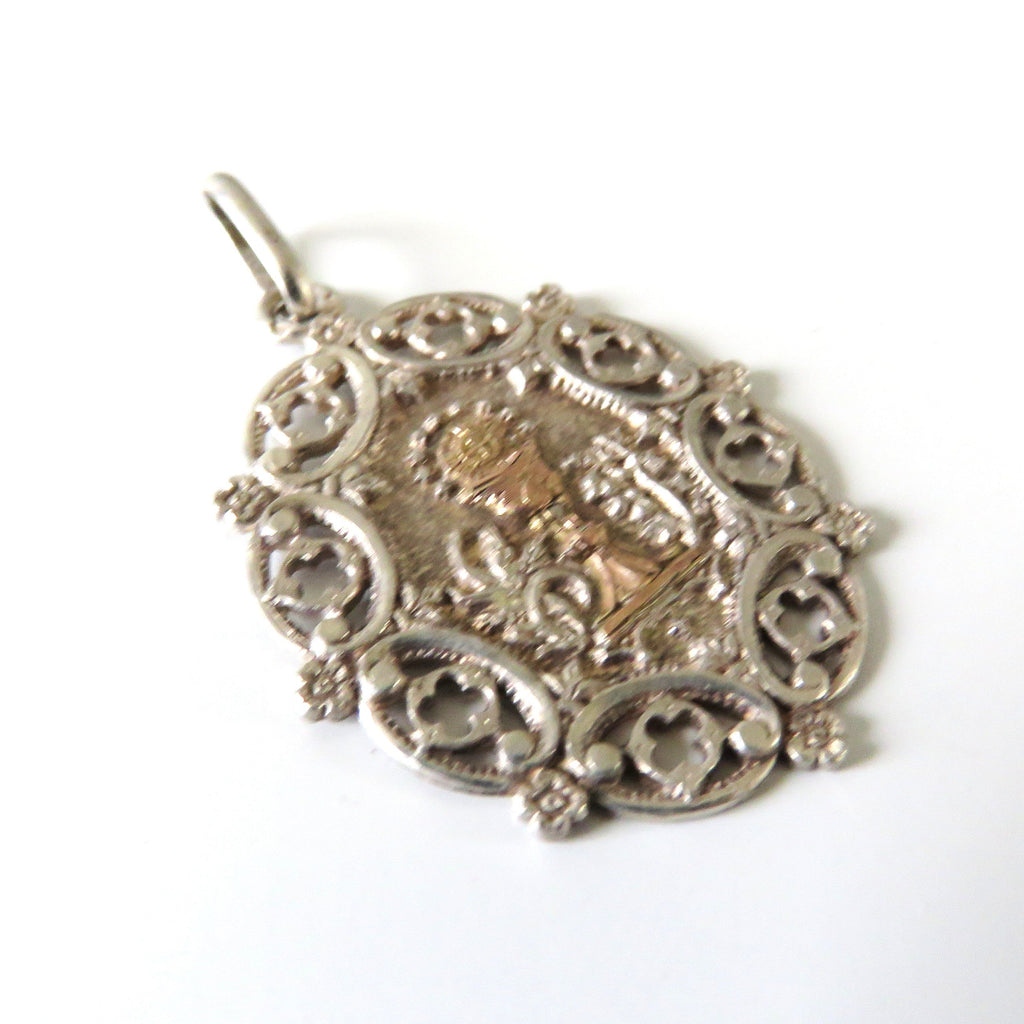 Large Antique French Silver and Gold First Communion Medal, Ornate Oval Eucharistic Chalice Pendant - Vintage French Treasures