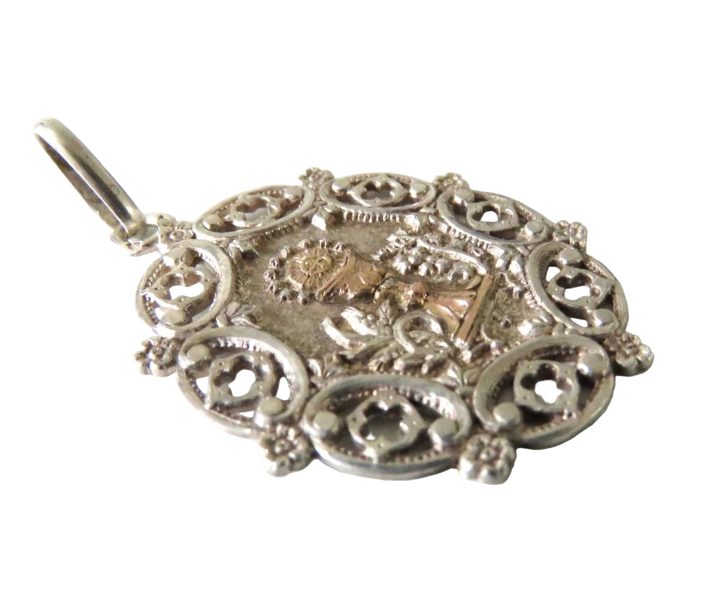 Large Antique French Silver and Gold First Communion Medal, Ornate Oval Eucharistic Chalice Pendant - Vintage French Treasures