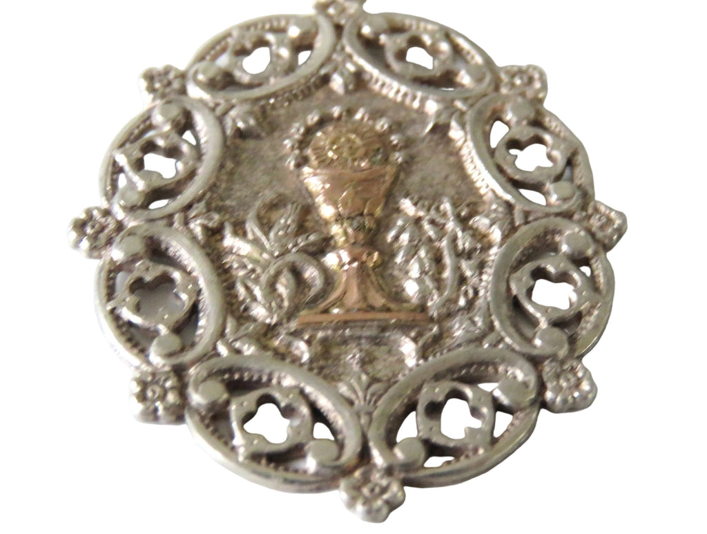 Large Antique French Silver and Gold First Communion Medal, Ornate Oval Eucharistic Chalice Pendant - Vintage French Treasures