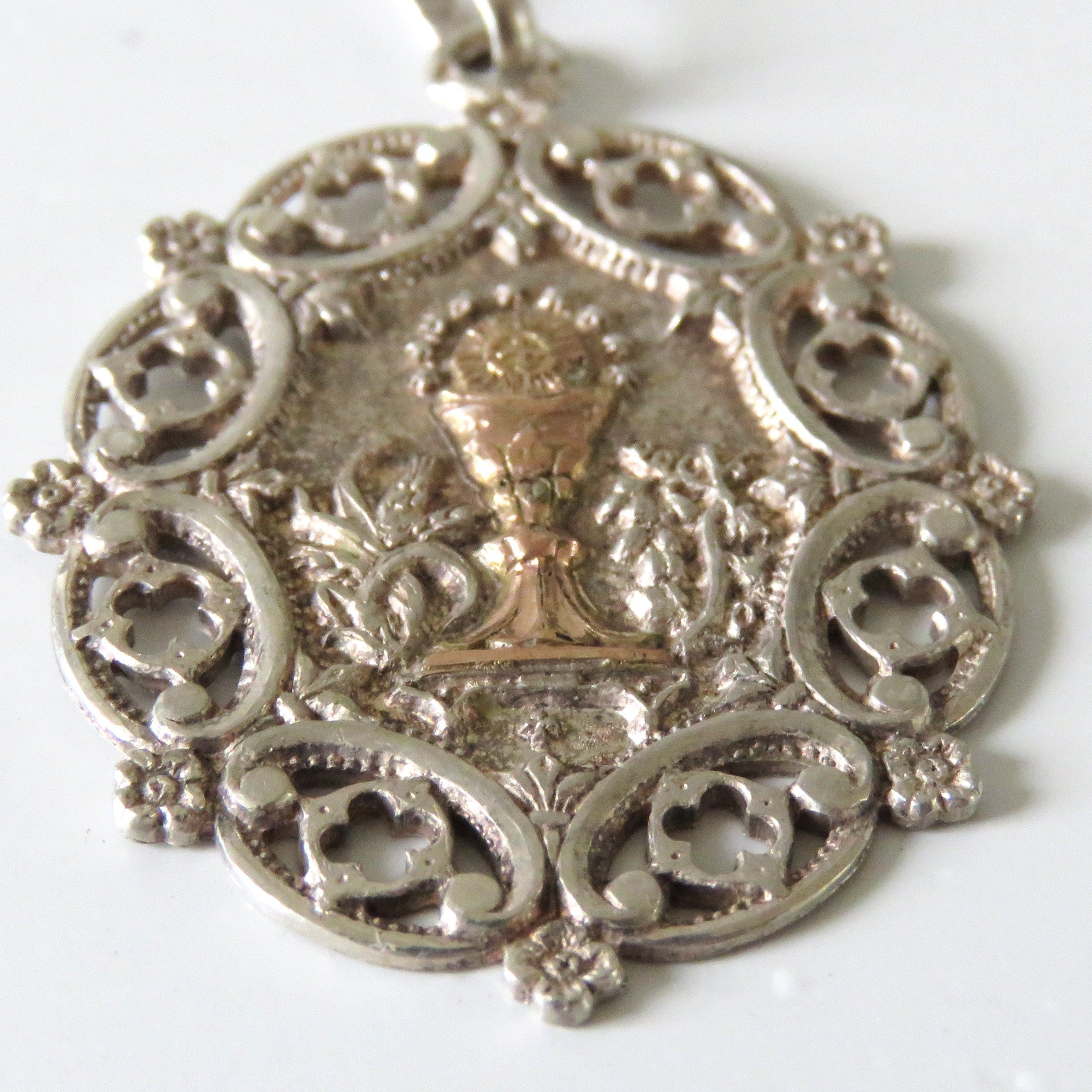 Large Antique French Silver and Gold First Communion Medal, Ornate Oval Eucharistic Chalice Pendant - Vintage French Treasures