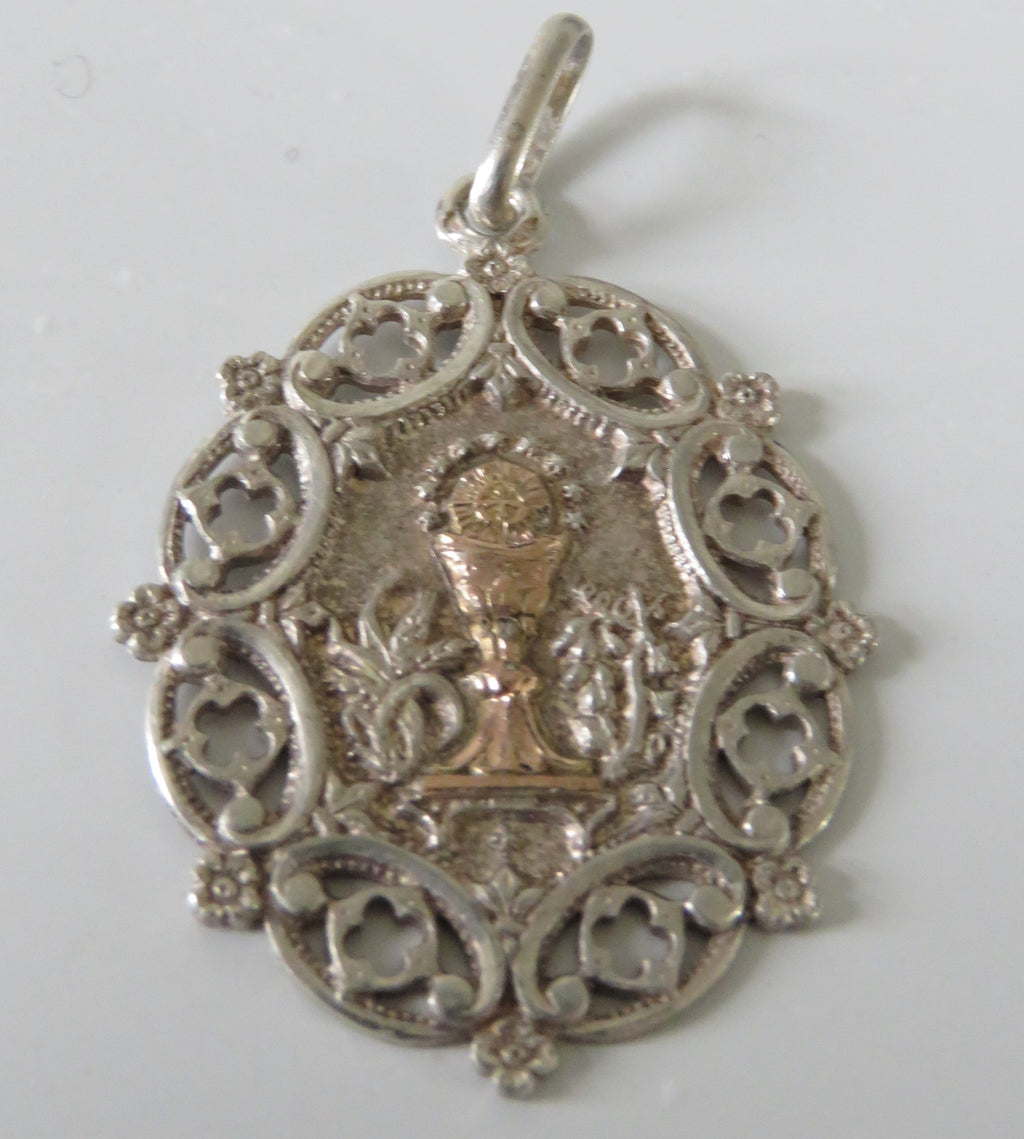 Large Antique French Silver and Gold First Communion Medal, Ornate Oval Eucharistic Chalice Pendant - Vintage French Treasures