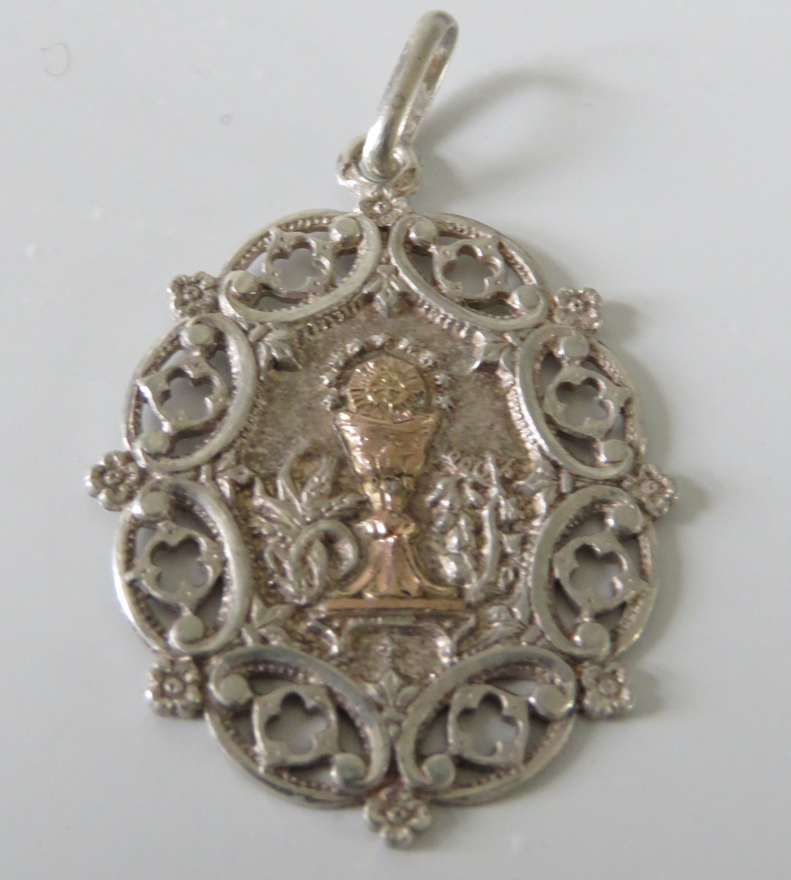 Large Antique French Silver and Gold First Communion Medal, Ornate Oval Eucharistic Chalice Pendant - Vintage French Treasures