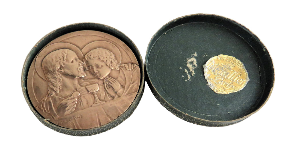 Antique French Bronze First Communion Medal by Félix Rasumny, Art Deco Catholic Eucharist Medallion in Original Box - Vintage French Treasures