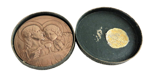 Antique French Bronze First Communion Medal by Félix Rasumny, Art Deco Catholic Eucharist Medallion in Original Box - Vintage French Treasures