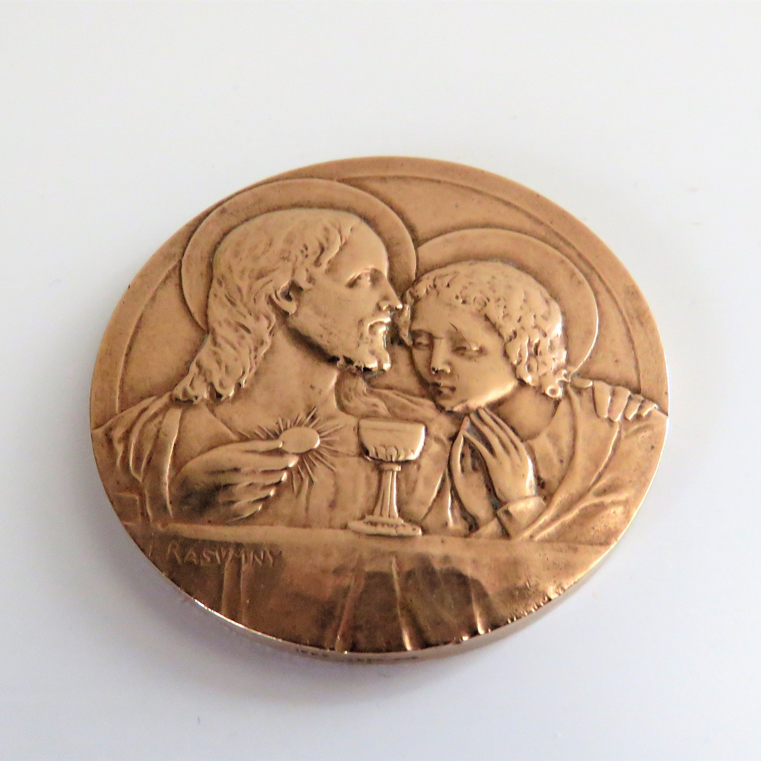 Antique French Bronze First Communion Medal by Félix Rasumny, Art Deco Catholic Eucharist Medallion in Original Box - Vintage French Treasures