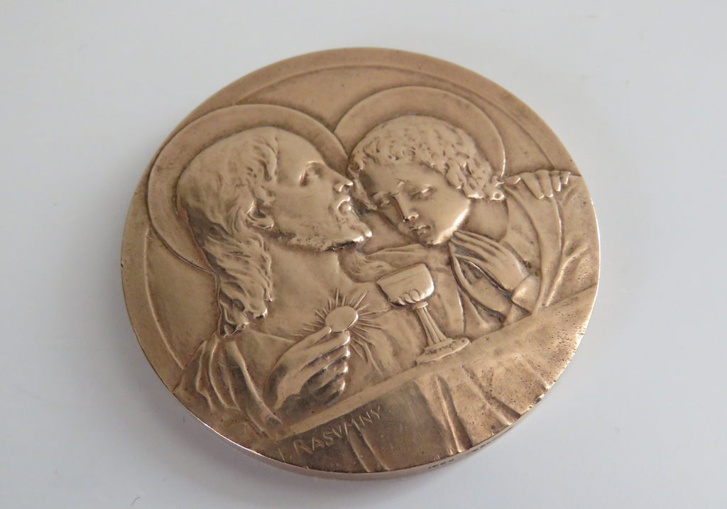 Antique French Bronze First Communion Medal by Félix Rasumny, Art Deco Catholic Eucharist Medallion in Original Box - Vintage French Treasures