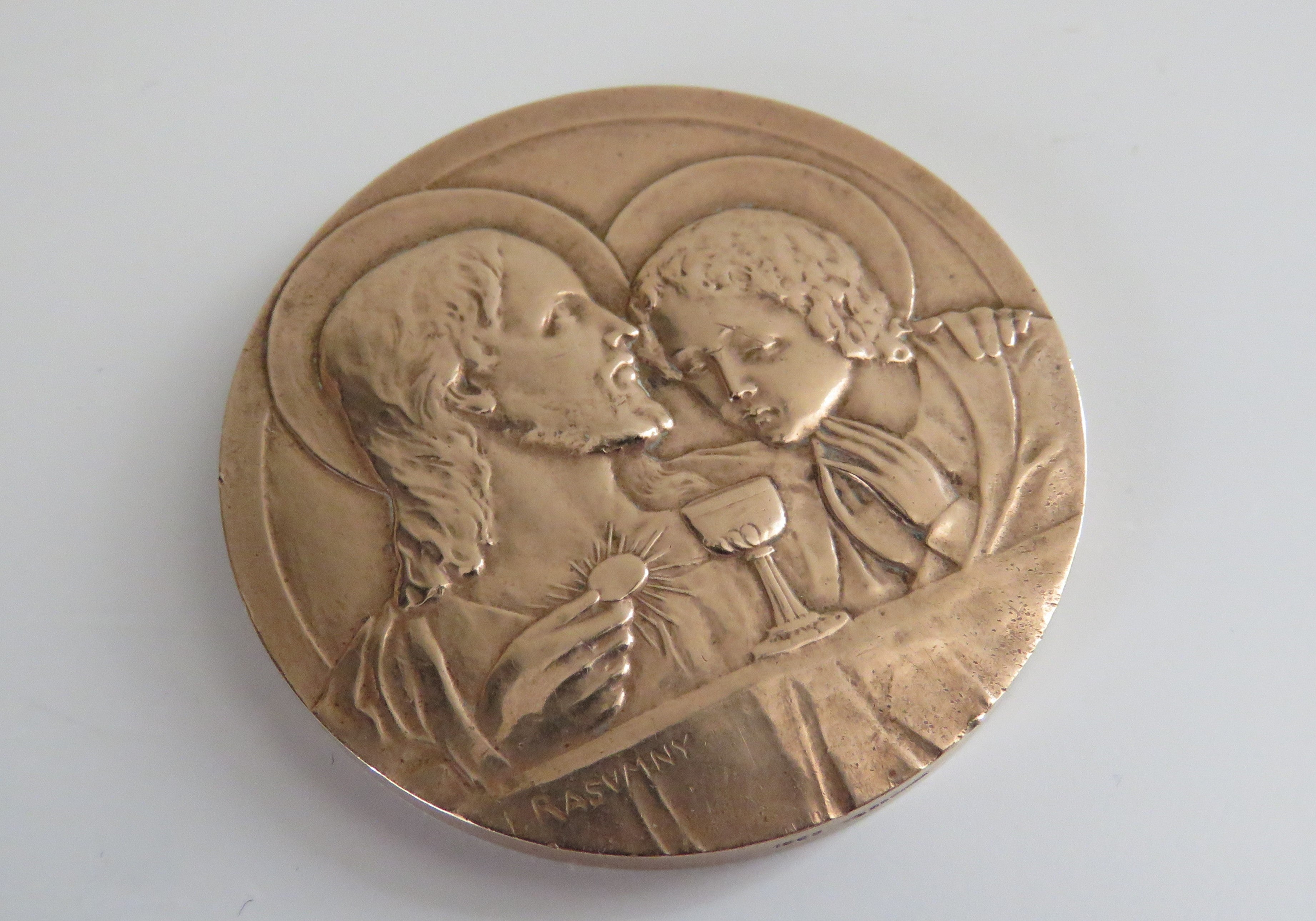 Antique French Bronze First Communion Medal by Félix Rasumny, Art Deco Catholic Eucharist Medallion in Original Box - Vintage French Treasures