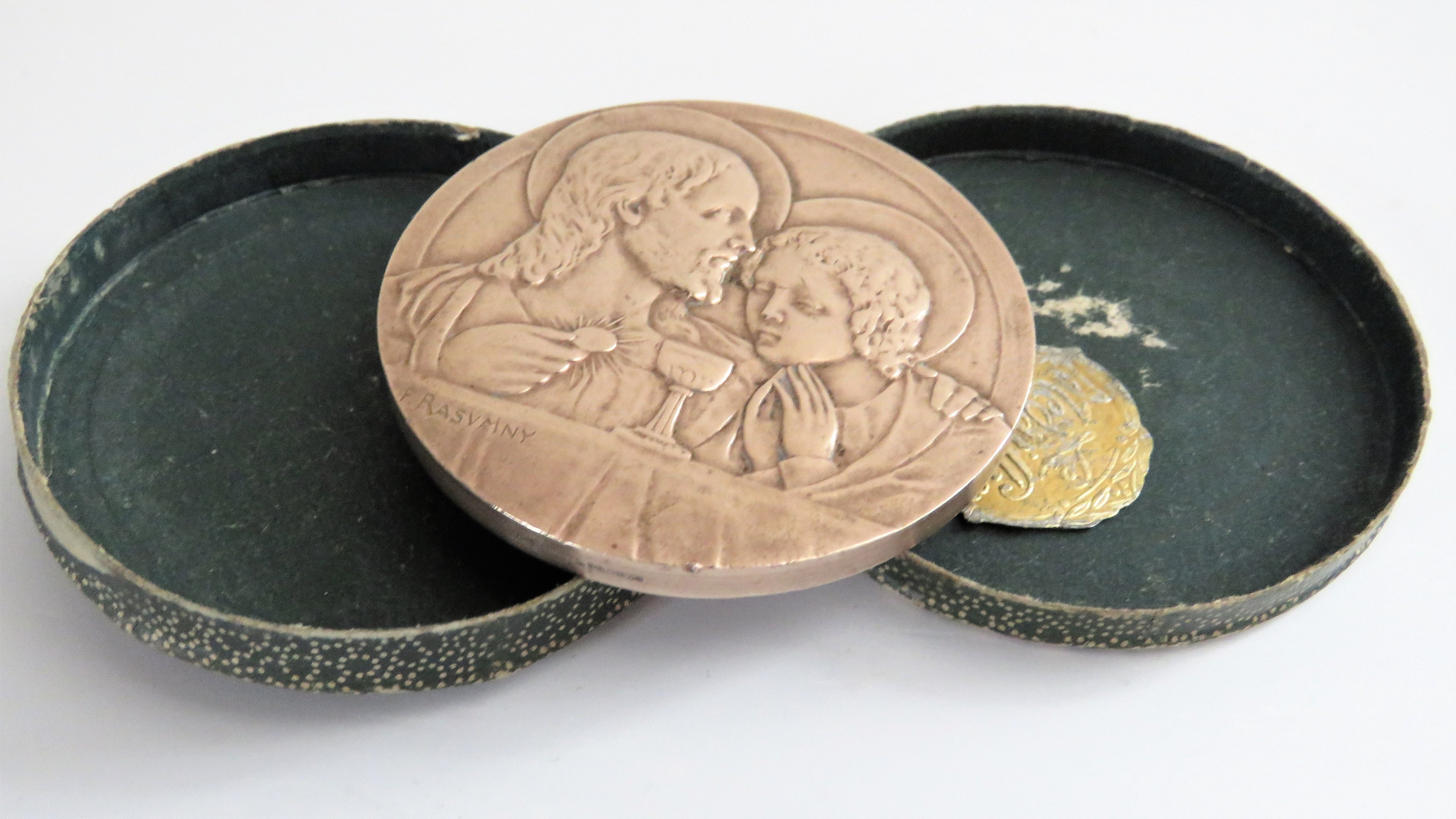 Antique French Bronze First Communion Medal by Félix Rasumny, Art Deco Catholic Eucharist Medallion in Original Box - Vintage French Treasures