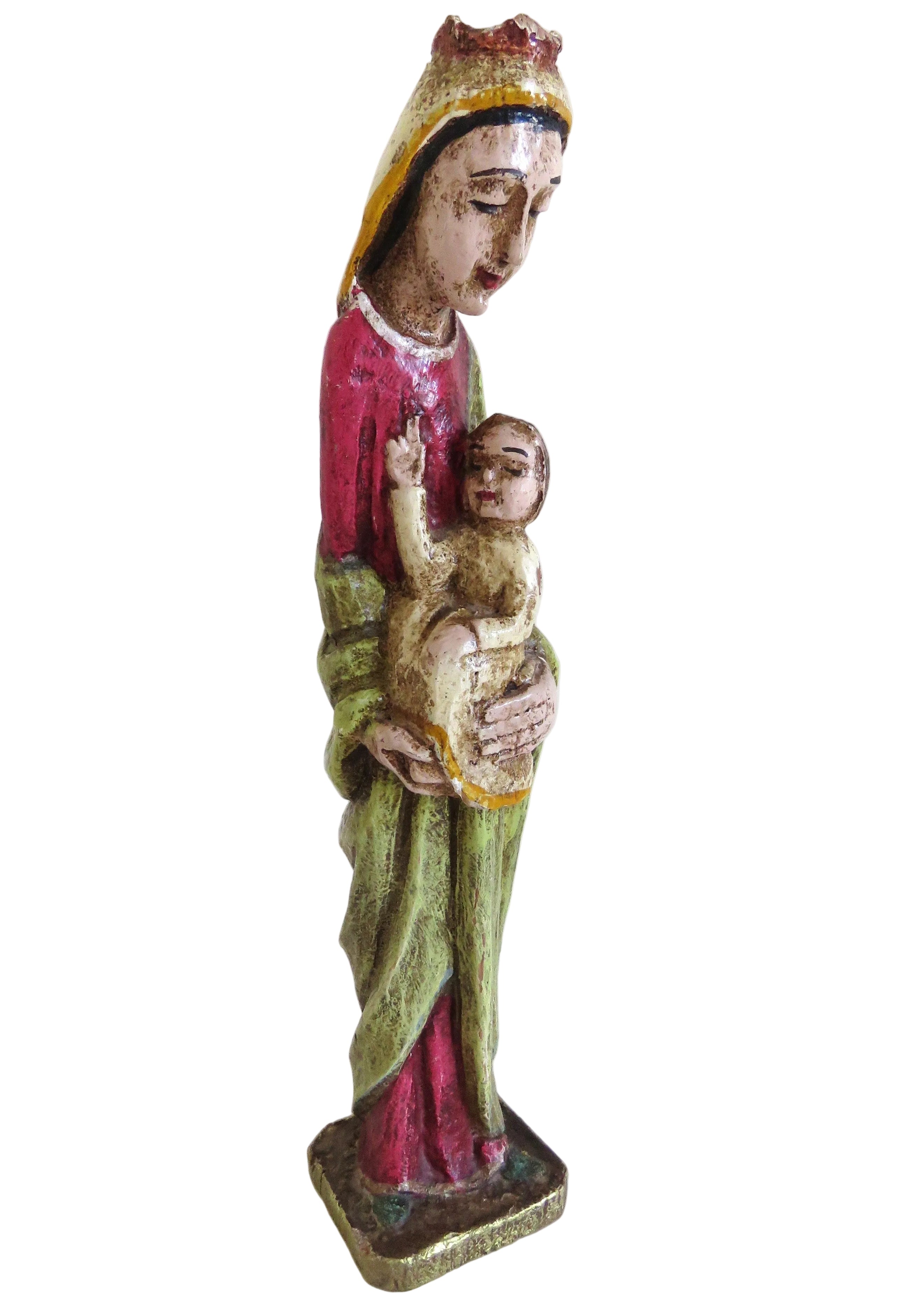 A hand-painted wooden religious statue of the Virgin Mary holding the infant Jesus, standing on a small square base against a plain white background.