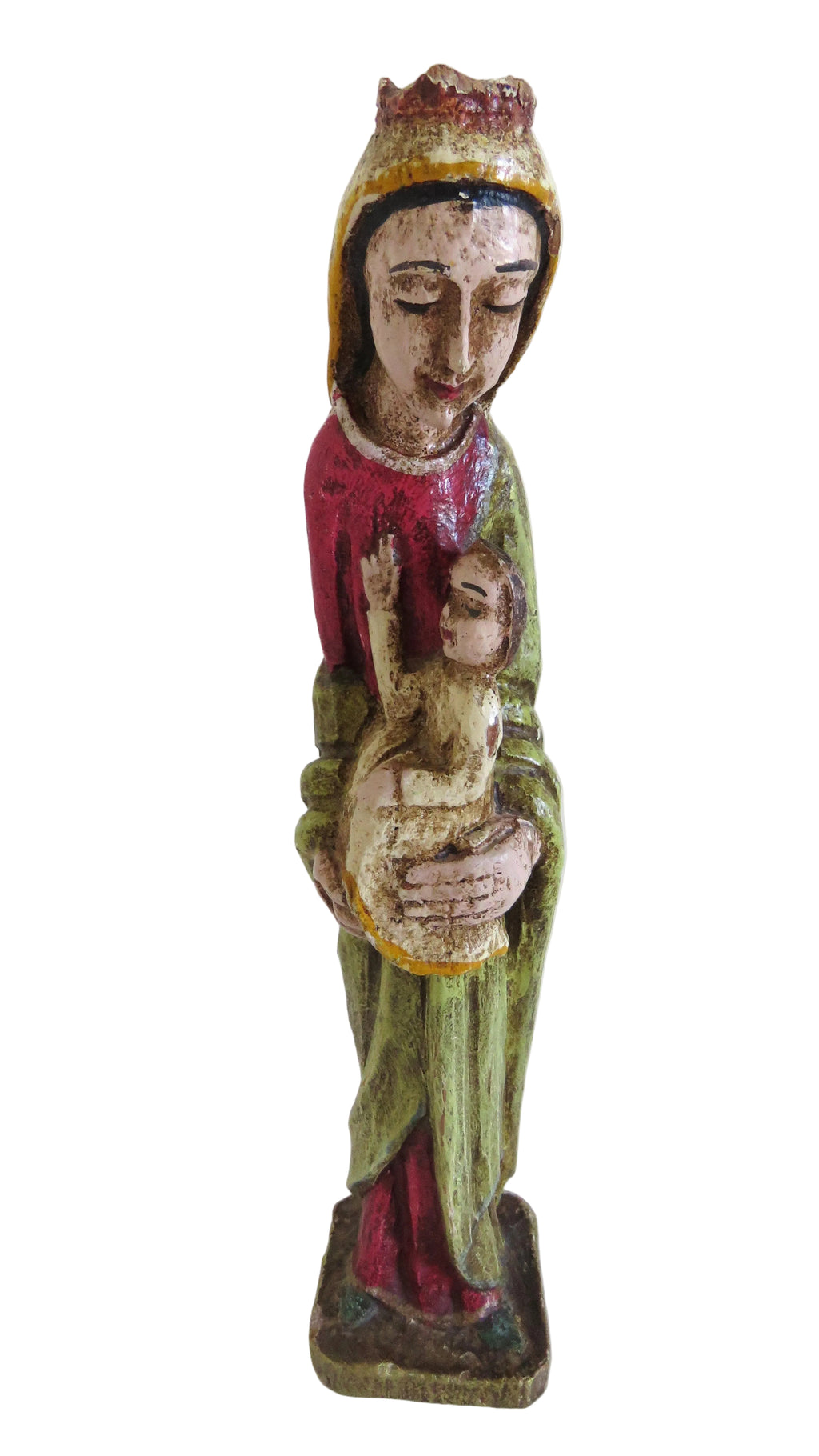 A vintage hand-painted wooden statue of the Virgin Mary holding the infant Jesus, shown against a plain white background.