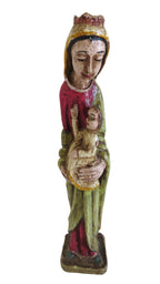 A vintage hand-painted wooden statue of the Virgin Mary holding the infant Jesus, shown against a plain white background.