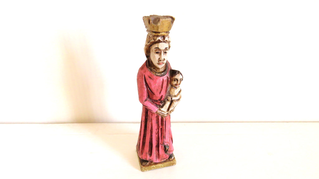 Hand-Carved Wooden Madonna and Child – Polychrome Religious Folk Art Figure