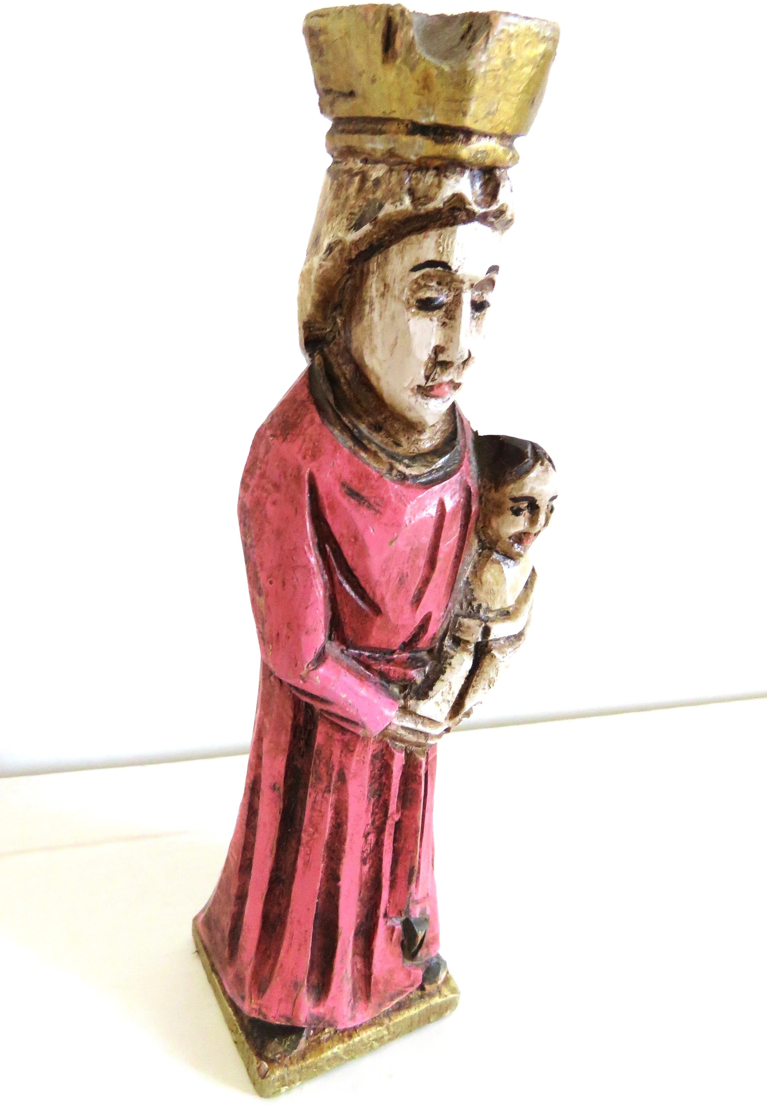 Hand-Carved Wooden Madonna and Child – Polychrome Religious Folk Art Figure