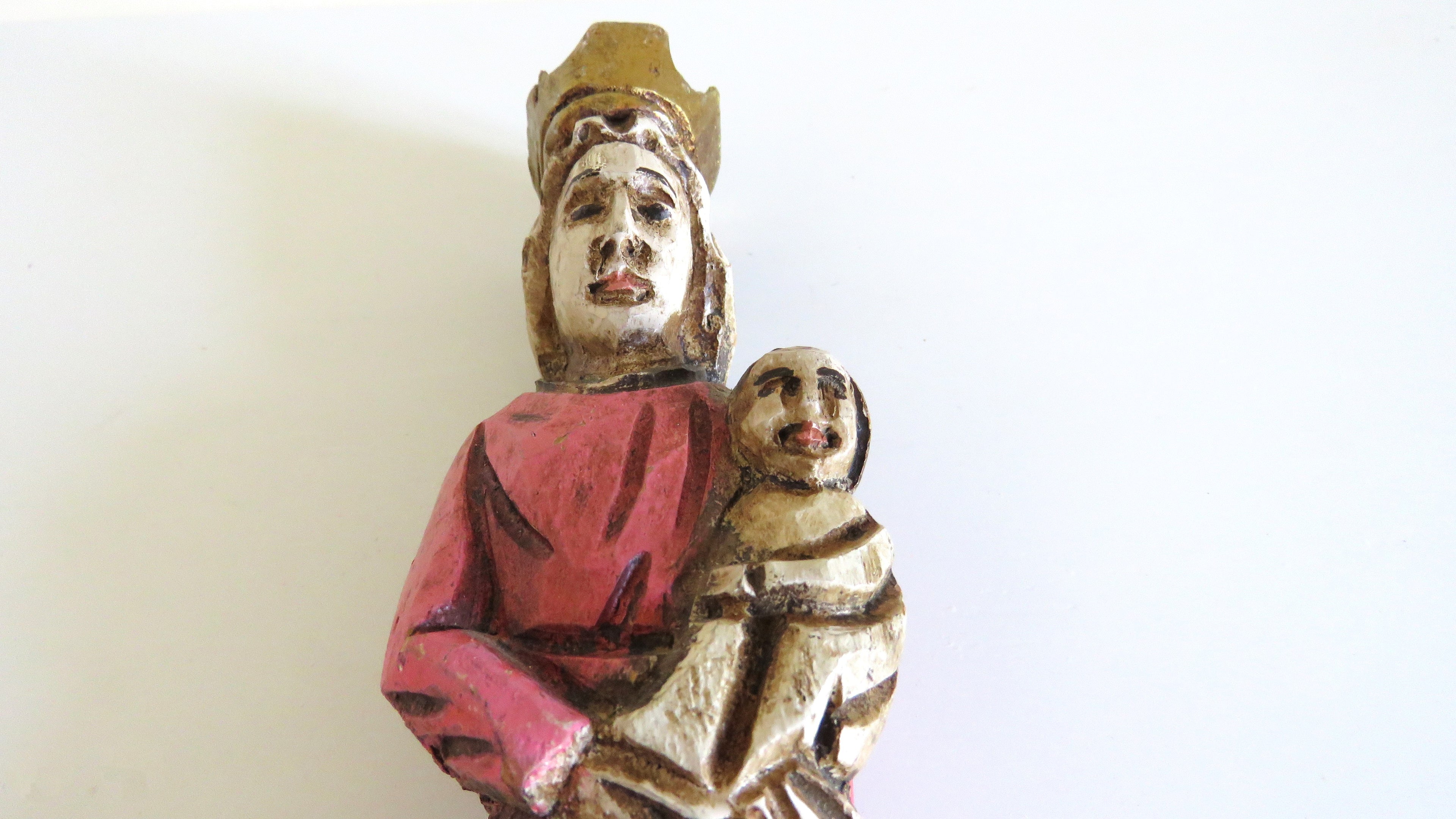 Hand-Carved Wooden Madonna and Child – Polychrome Religious Folk Art Figure