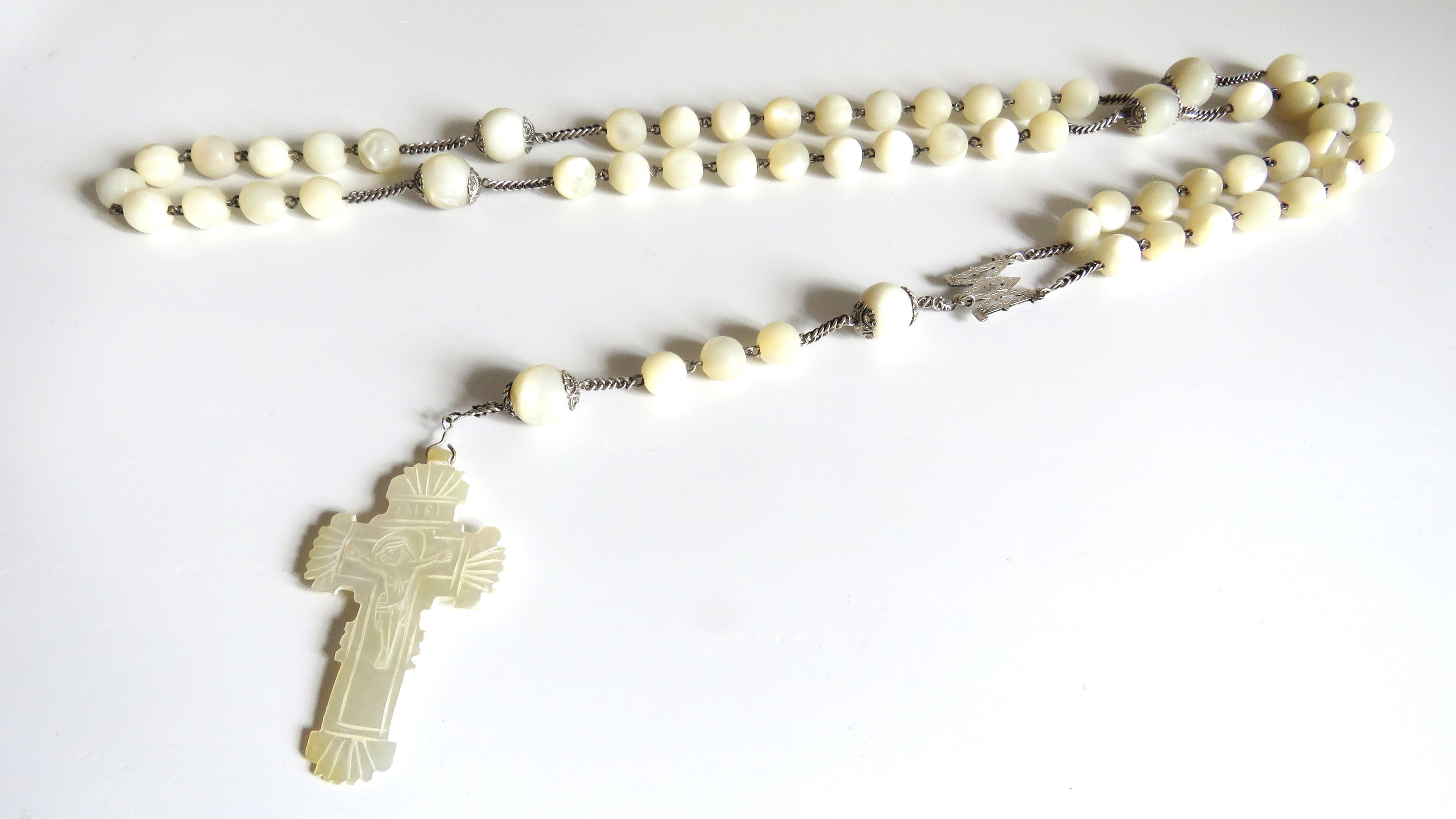 Antique French Mother of Pearl Rosary with Marian Centre – Large Solid Silver Rosary - Vintage French Treasures