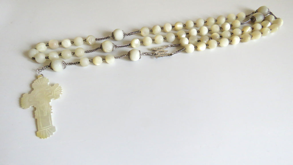 Antique French Mother of Pearl Rosary with Marian Centre – Large Solid Silver Rosary - Vintage French Treasures