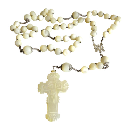 Antique French Mother of Pearl Rosary with Marian Centre – Large Solid Silver Rosary - Vintage French Treasures