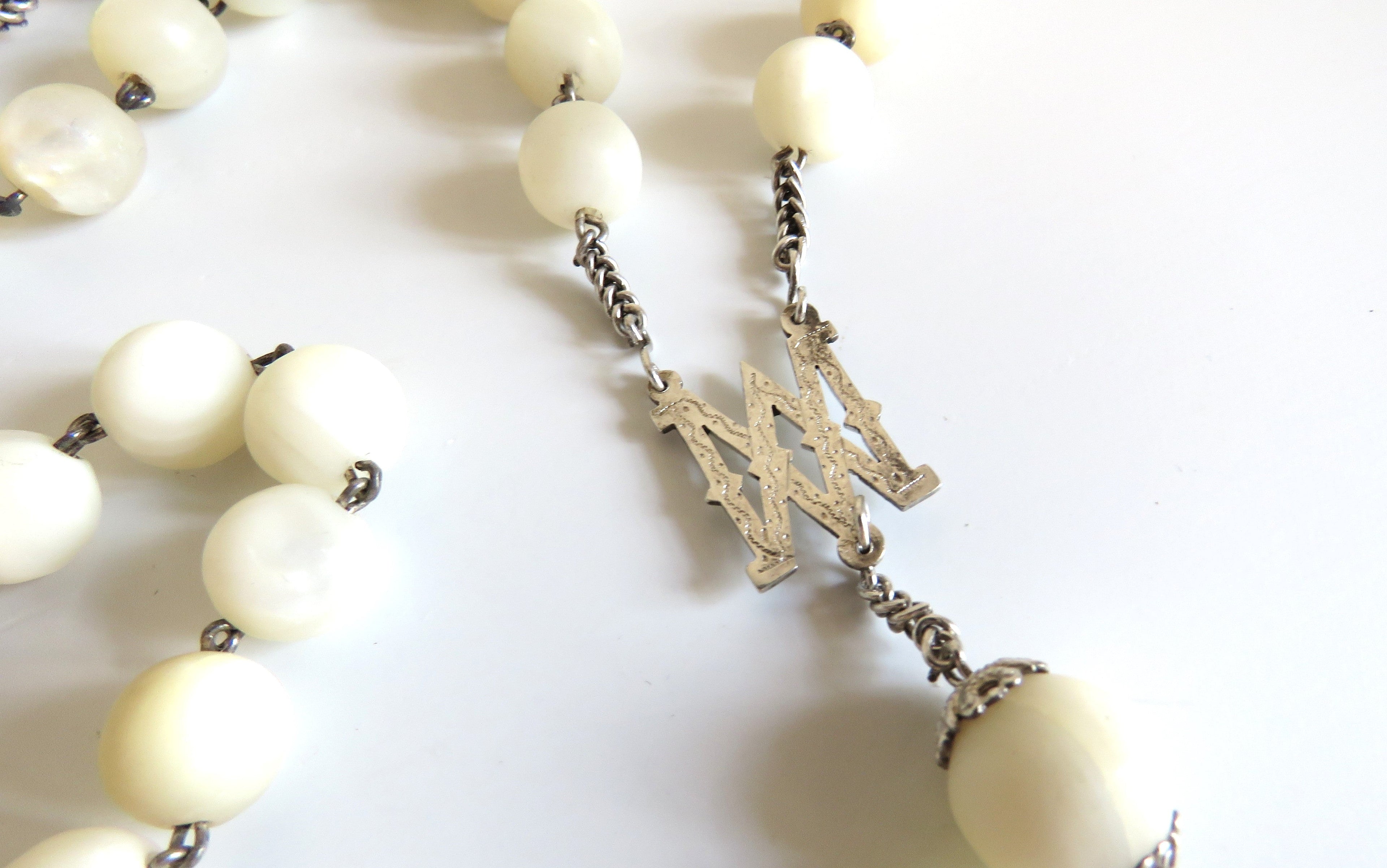 Antique French Mother of Pearl Rosary with Marian Centre – Large Solid Silver Rosary - Vintage French Treasures