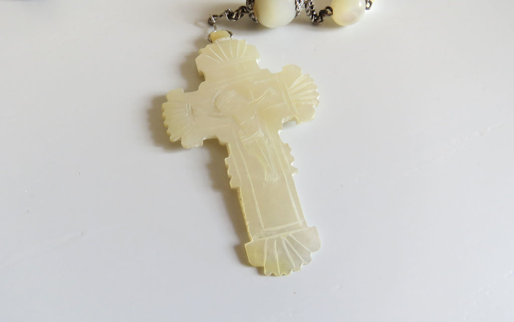 Antique French Mother of Pearl Rosary with Marian Centre – Large Solid Silver Rosary - Vintage French Treasures