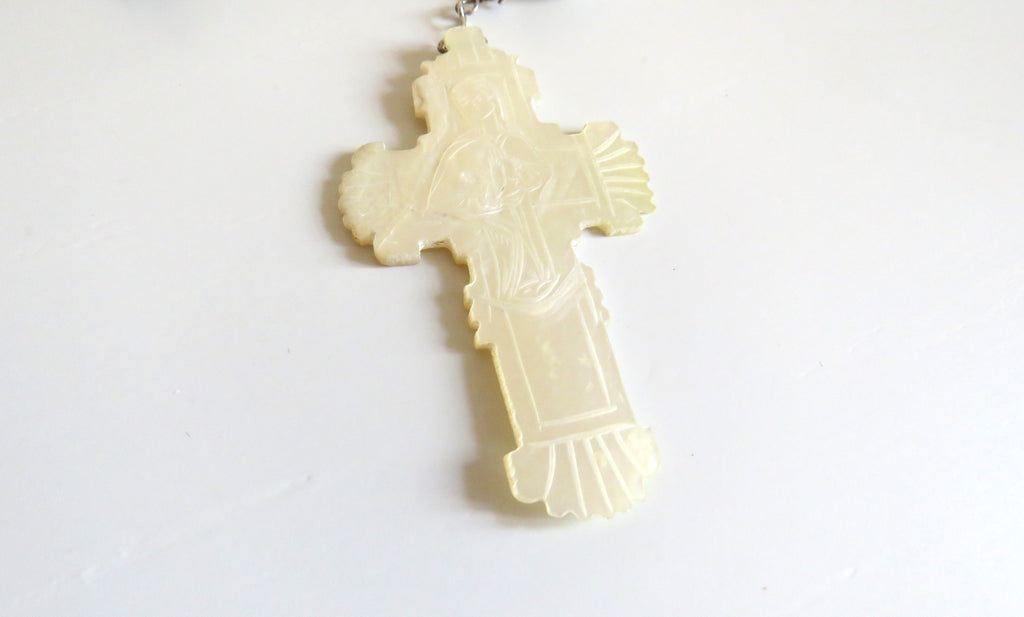 Antique French Mother of Pearl Rosary with Marian Centre – Large Solid Silver Rosary - Vintage French Treasures