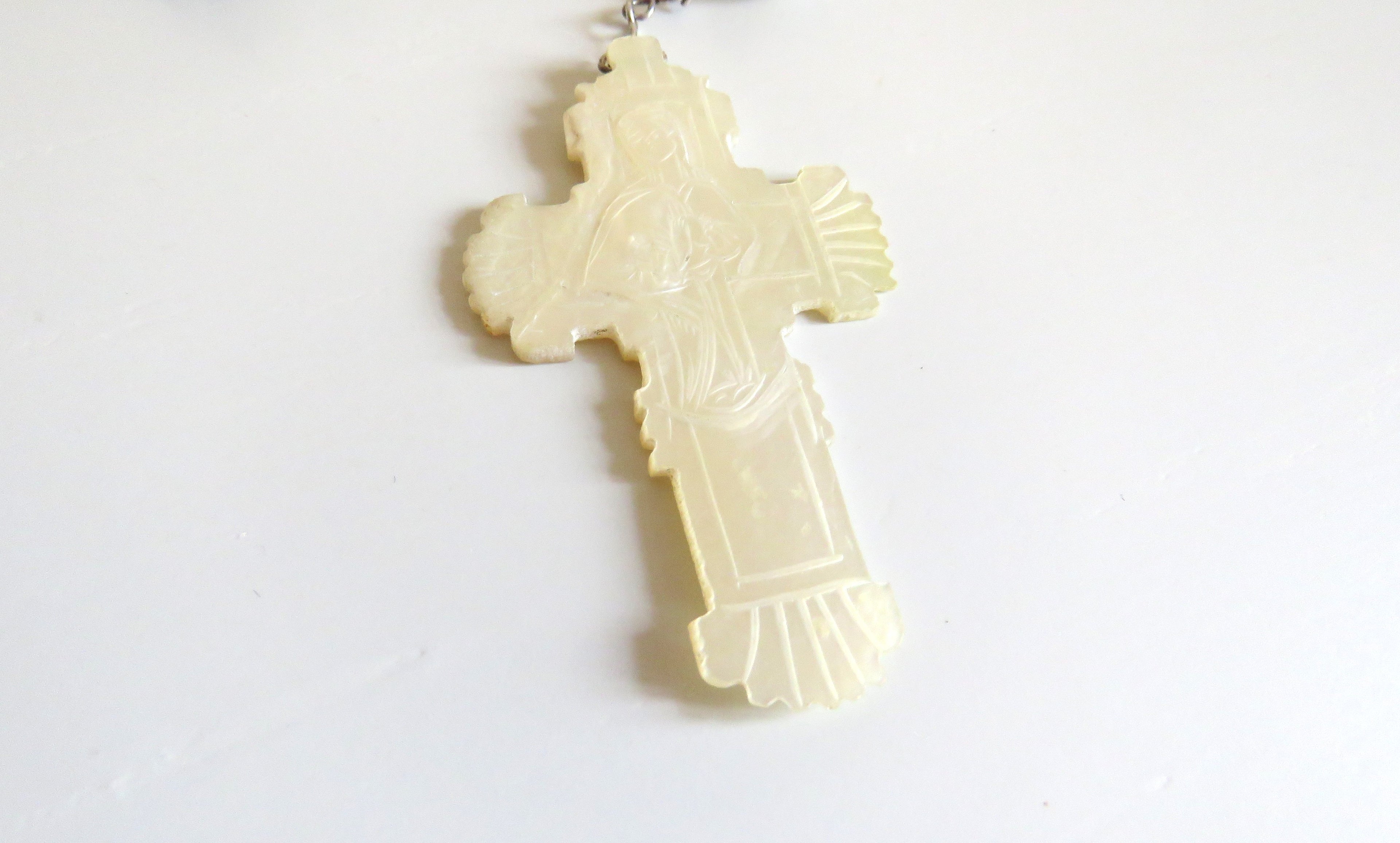 Antique French Mother of Pearl Rosary with Marian Centre – Large Solid Silver Rosary - Vintage French Treasures