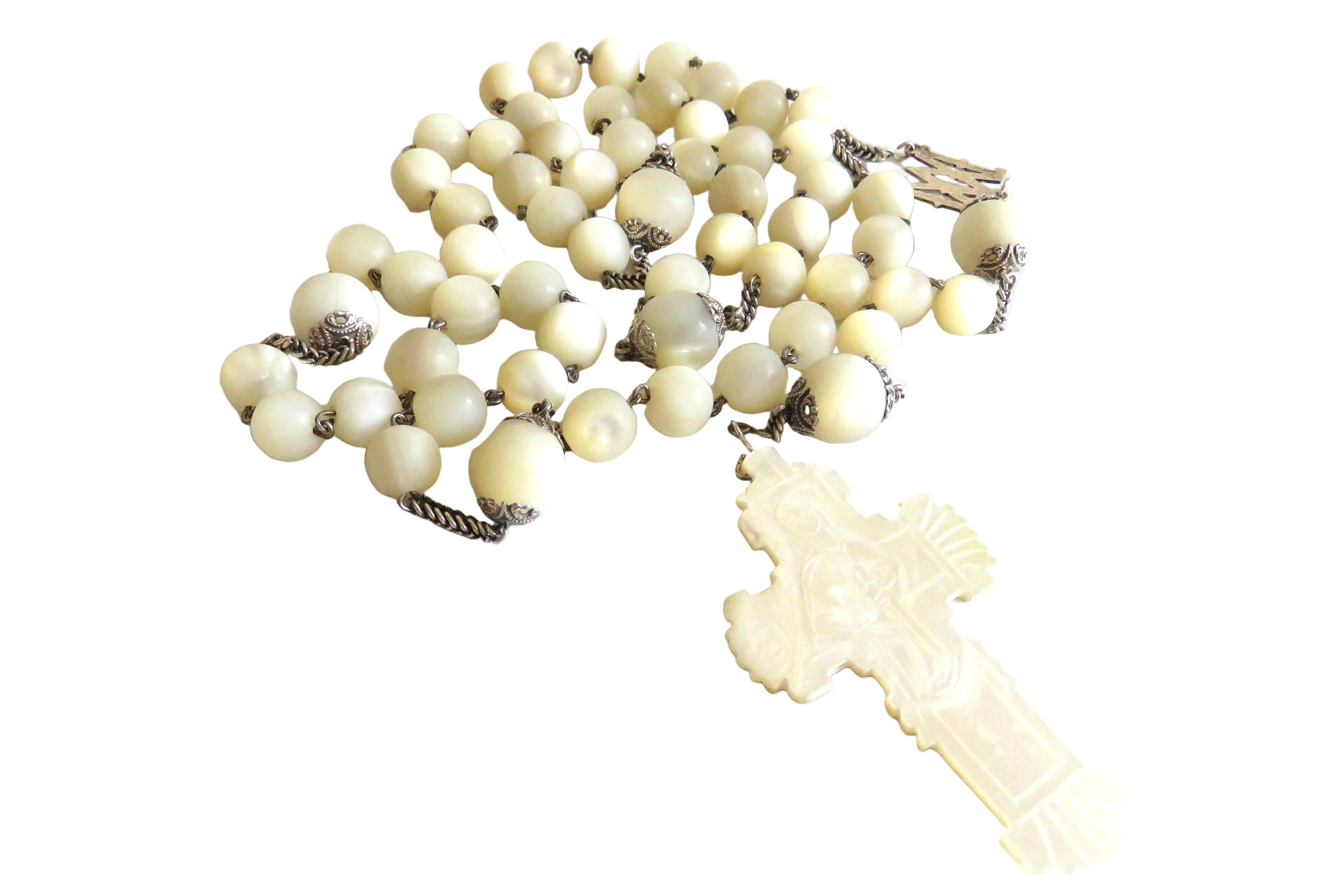 Antique French Mother of Pearl Rosary with Marian Centre – Large Solid Silver Rosary - Vintage French Treasures