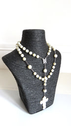 Antique French Mother of Pearl Rosary with Marian Centre – Large Solid Silver Rosary -