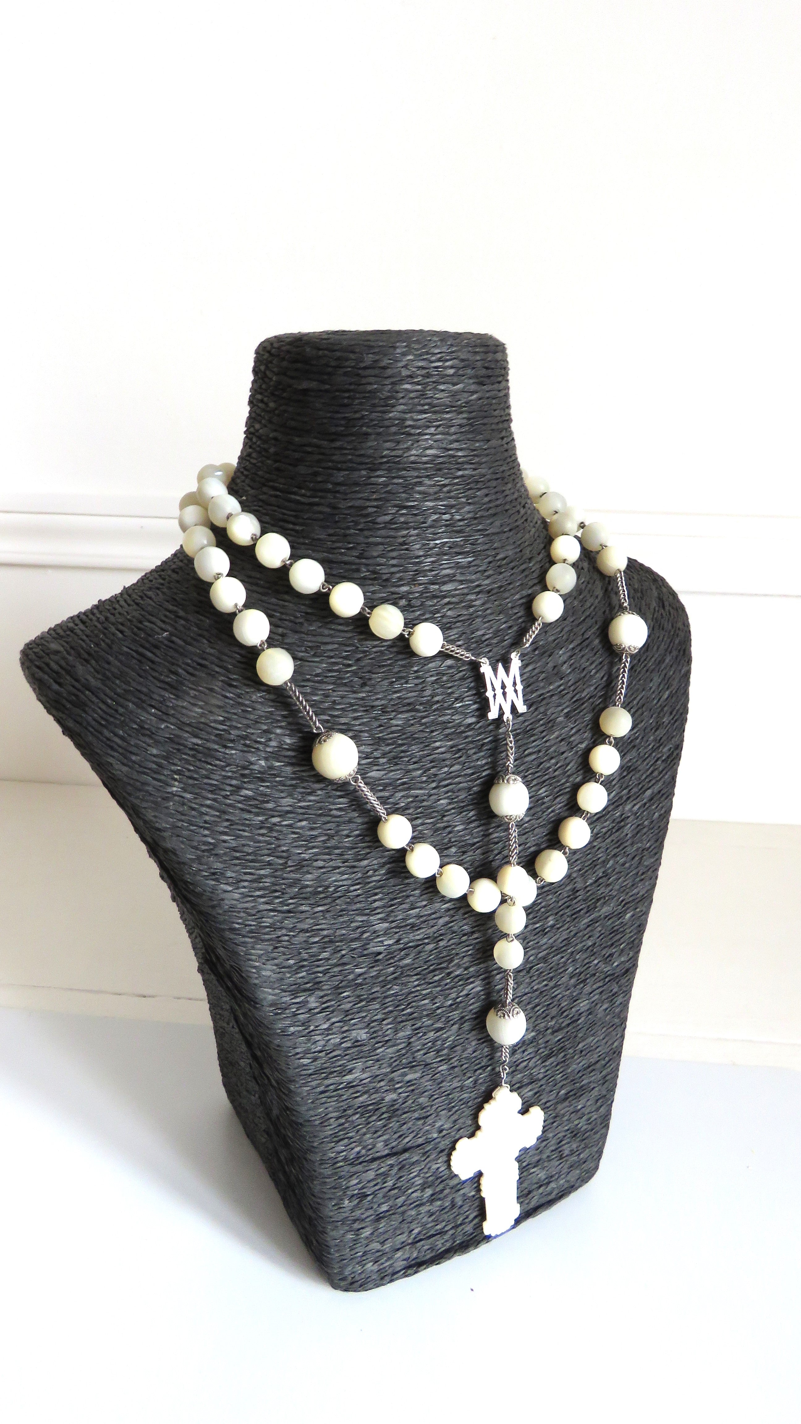 Antique French Mother of Pearl Rosary with Marian Centre – Large Solid Silver Rosary - Vintage French Treasures