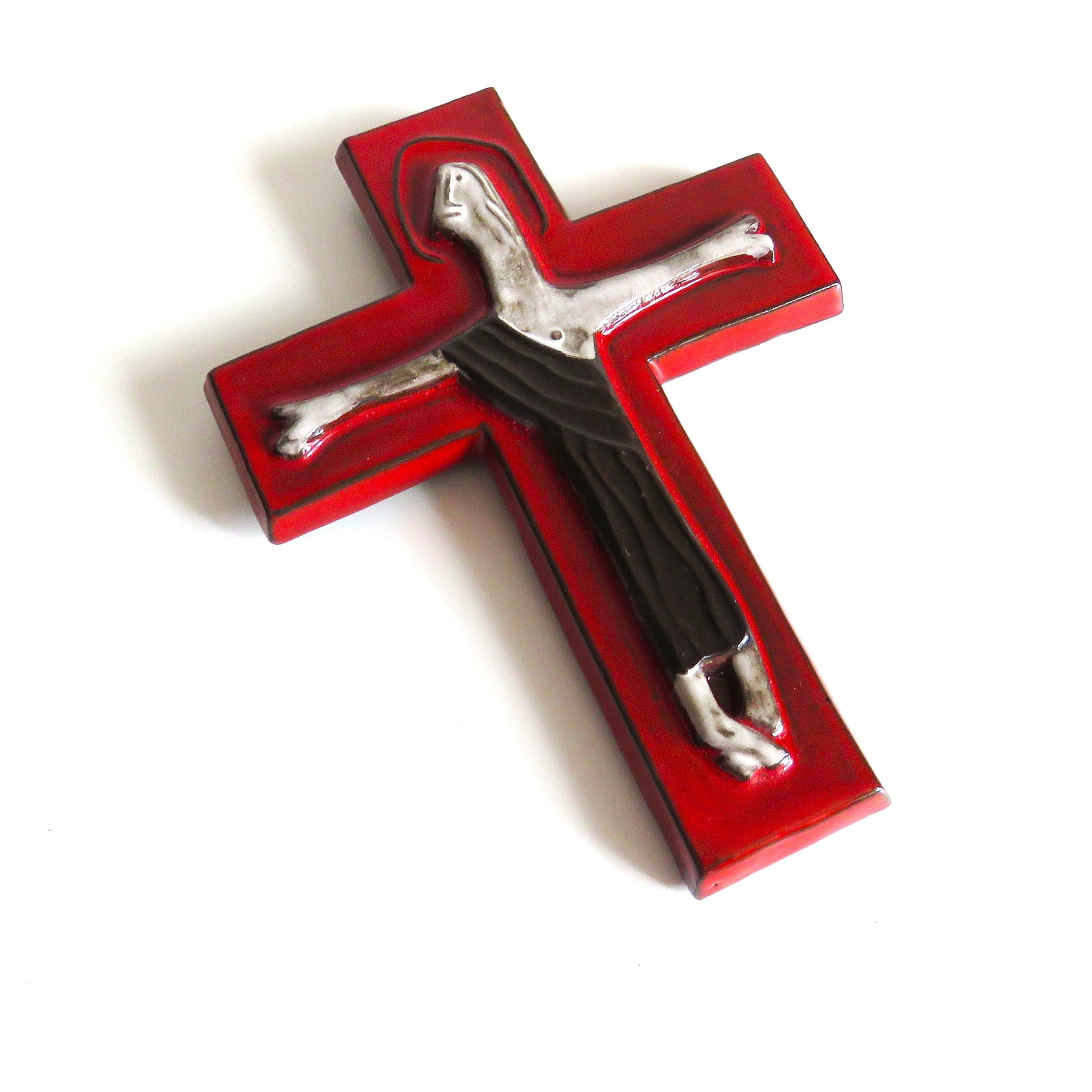 Vintage Mid-Century Ceramic Wall Crucifix, Red Glazed Cross with Stylised Christ - Vintage French Treasures