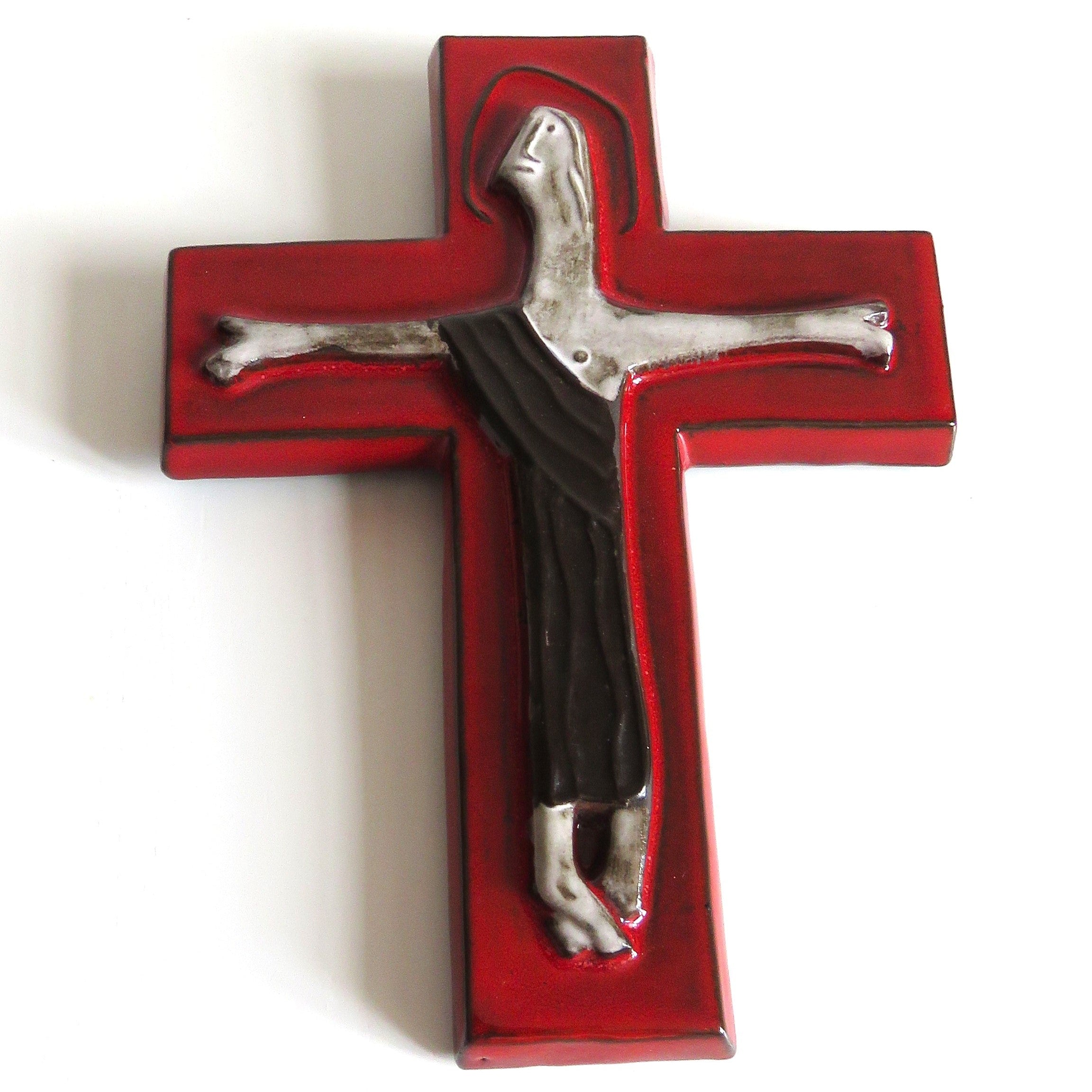Vintage Mid-Century Ceramic Wall Crucifix, Red Glazed Cross with Stylised Christ - Vintage French Treasures
