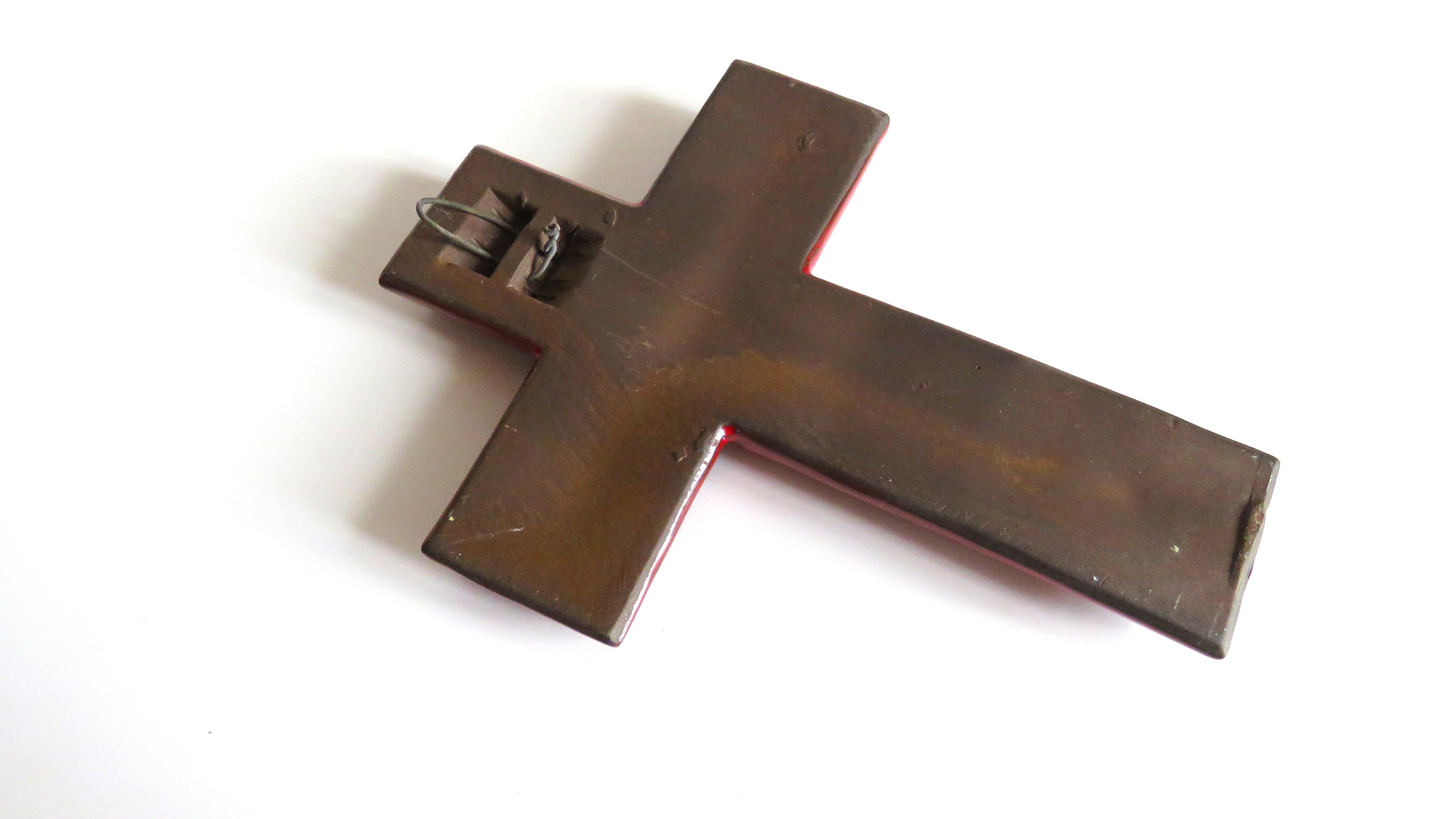 Vintage Mid-Century Ceramic Wall Crucifix, Red Glazed Cross with Stylised Christ - Vintage French Treasures