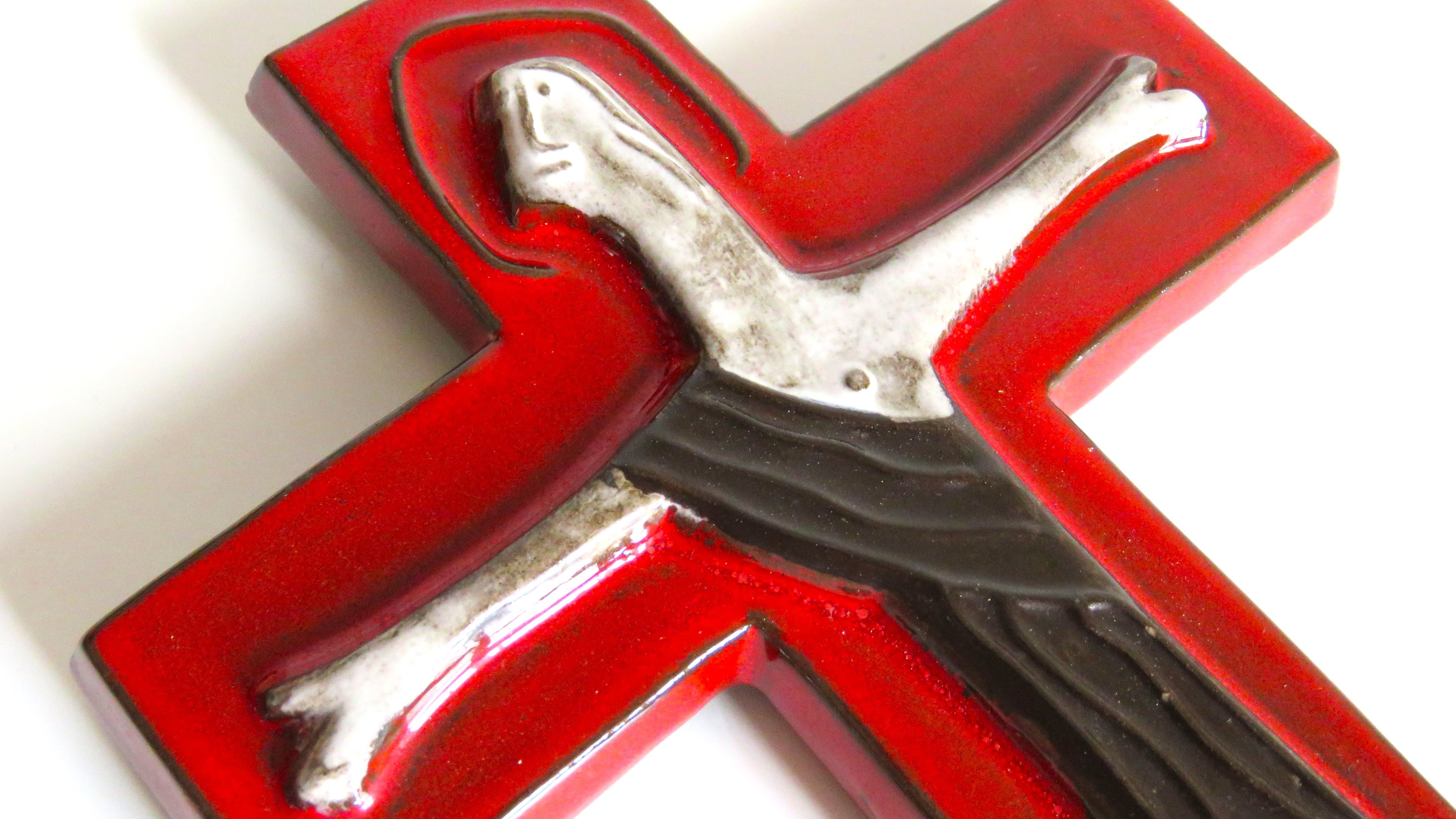 Vintage Mid-Century Ceramic Wall Crucifix, Red Glazed Cross with Stylised Christ - Vintage French Treasures