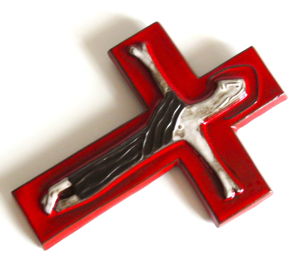 Vintage Mid-Century Ceramic Wall Crucifix, Red Glazed Cross with Stylised Christ - Vintage French Treasures