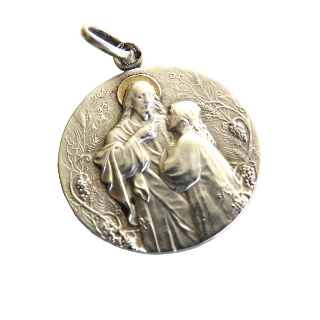 Antique French Silver First Communion Medal, Dated 1917, Christ and Communicant, Hallmarked Religious Pendant