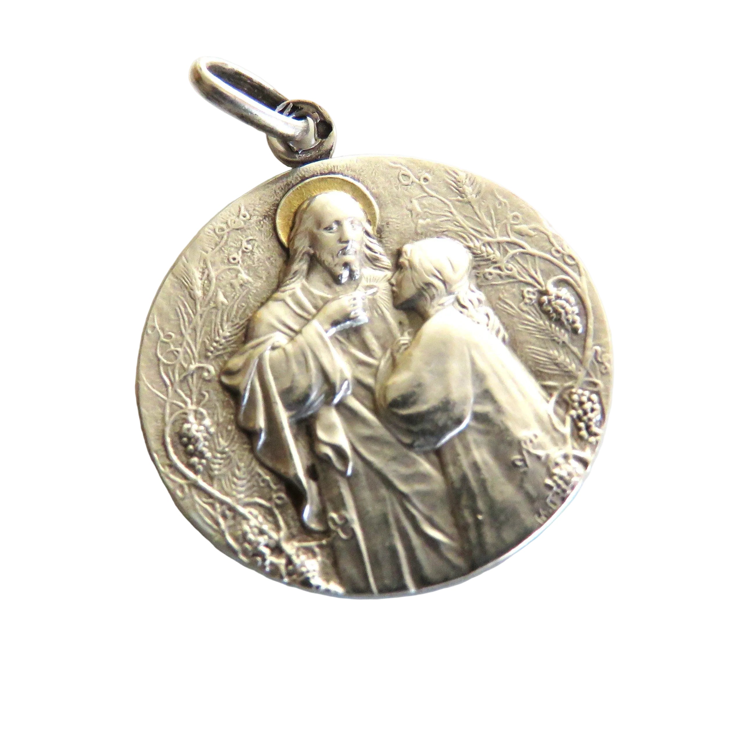 Antique French Silver First Communion Medal, Dated 1917, Christ and Communicant, Hallmarked Religious Pendant