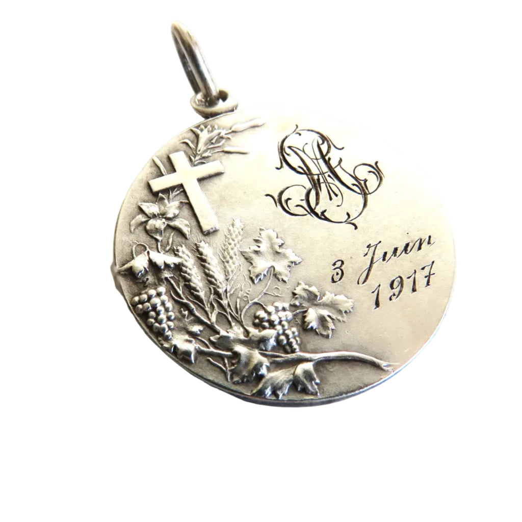 Antique French Silver First Communion Medal, Dated 1917, Christ and Communicant, Hallmarked Religious Pendant