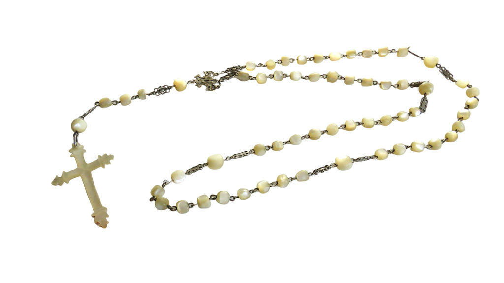 Antique French Silver Mother of Pearl Rosary, Large 1800s Catholic Rosary, Marian Centre, Carved Crucifix, Devotional Antique - Vintage French Treasures