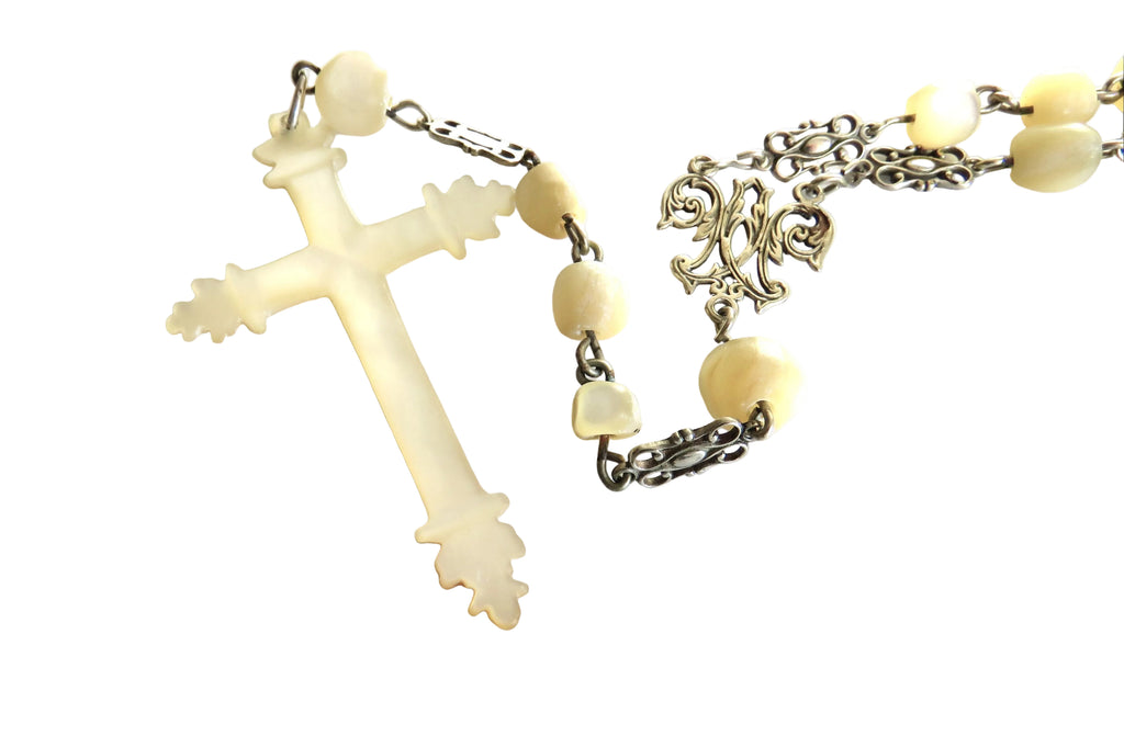 Antique French Silver Mother of Pearl Rosary, Large 1800s Catholic Rosary, Marian Centre, Carved Crucifix, Devotional Antique - Vintage French Treasures