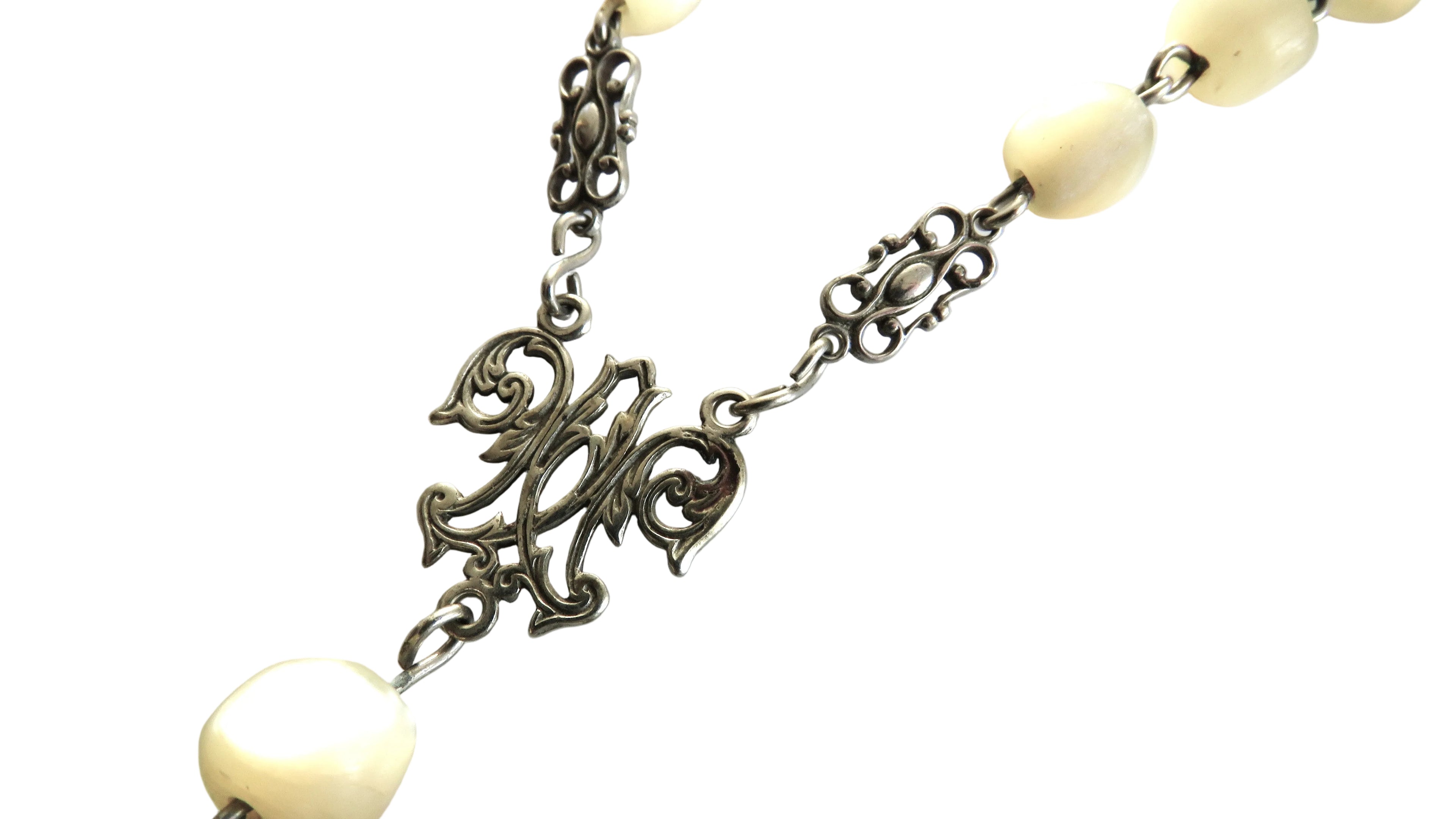 Antique French Silver Mother of Pearl Rosary, Large 1800s Catholic Rosary, Marian Centre, Carved Crucifix, Devotional Antique - Vintage French Treasures
