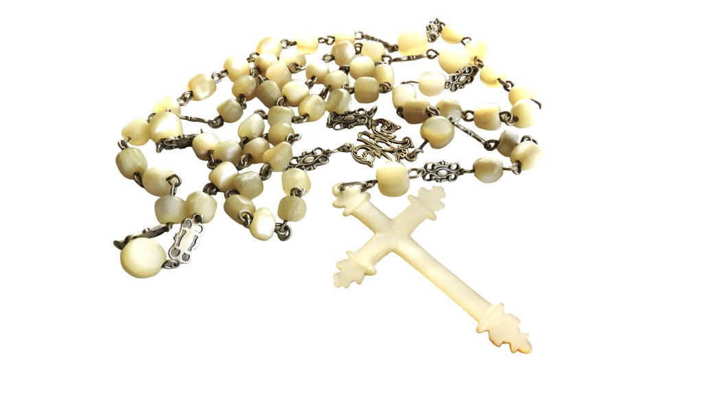Antique French Silver Mother of Pearl Rosary, Large 1800s Catholic Rosary, Marian Centre, Carved Crucifix, Devotional Antique - Vintage French Treasures